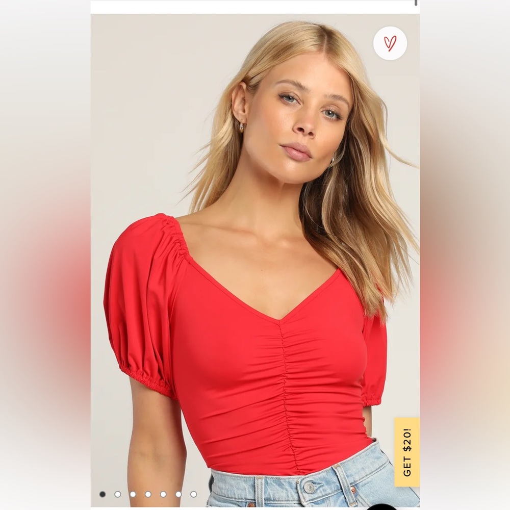 Lulu’s Ruche to You Red Ruched Puff Sleeve Bodysuit size S